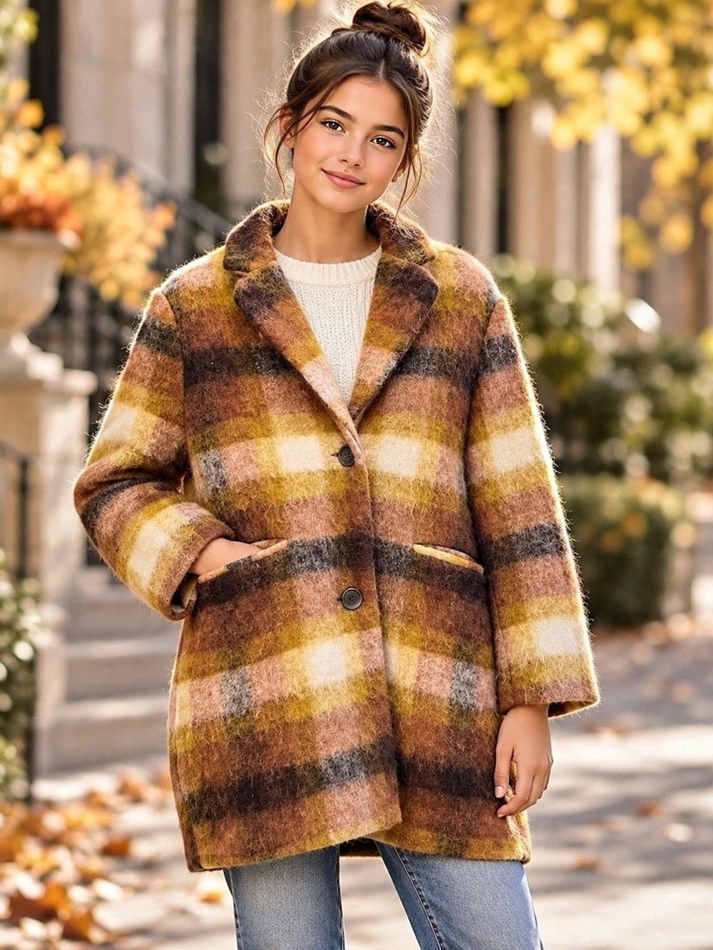 Zara Girls 11-12 Plaid Fuzzy Oversized Coat Brown Gold Retro Geandpacore Academi